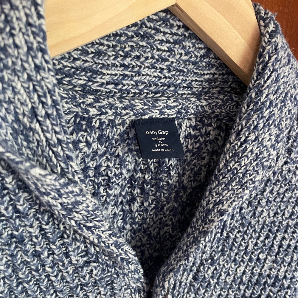 Baby GAP shawl neck grandpa sweater, blue/white knit, size 5